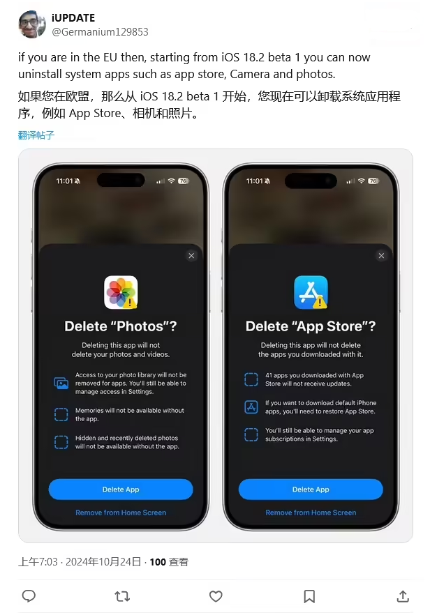 凌海苹果手机维修分享iOS 18.2 支持删除 App Store 应用商店 