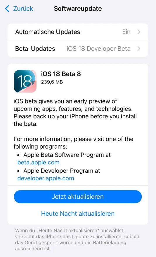凌海苹果手机维修分享苹果 iOS / iPadOS 18 开发者预览版 Beta 8 发布 